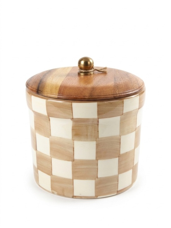 Other - Mocha Check Ceramic Canister with Gold Knob Wooden Lid- White & Tan
